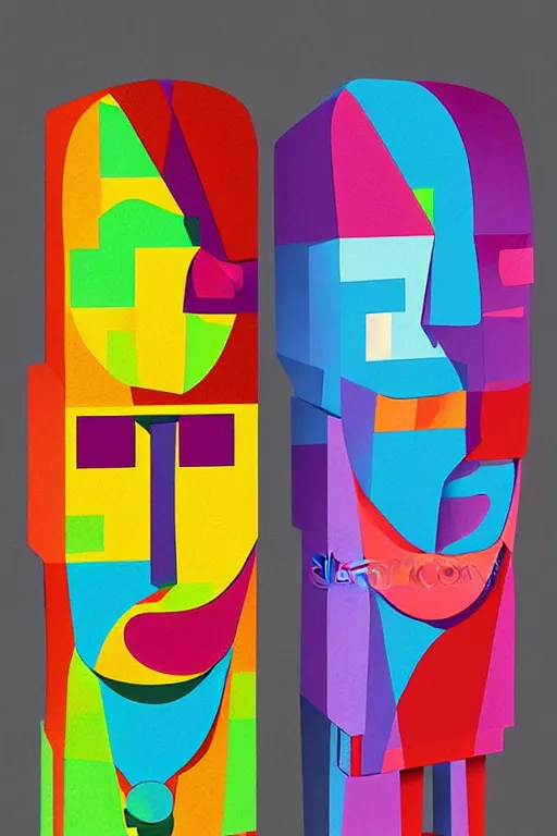 Image similar to cubist moai statue cutout digital illustration cartoon colorful beeple