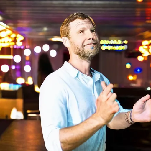 Prompt: photo of a 4 0 year old white man living thinking he's living the best life possible. he looks young for his age. he is at a dance club, it's as if he were in a music video. sadly he did not realize there is more to life. woman are flocking to him