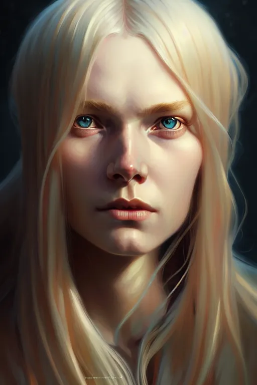 Image similar to Close-up portrait of young nordic girl, long blonde hair, dark fantasy, portrait, highly detailed, digital painting, artstation, concept art, sharp focus, illustration, art by artgerm and greg rutkowski and alphonse mucha