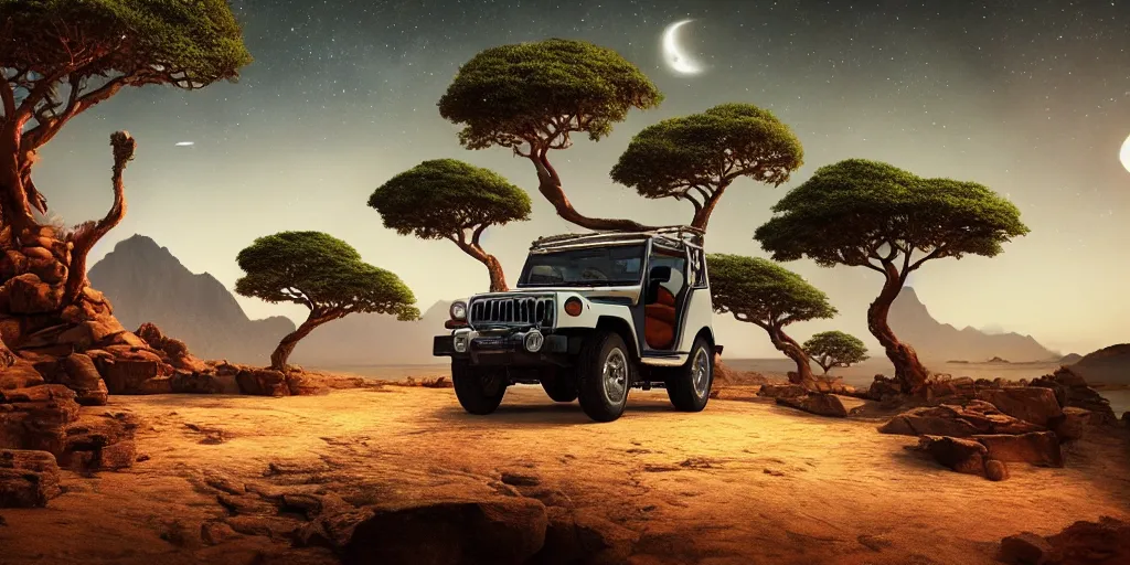 Prompt: mahindra thar at moonlit socotra island with dragon trees, starry night, sharp focus, wide shot, trending on ArtStation, masterpiece, by Greg Rutkowski, by Ross Tran, by Fenghua Zhong, octane, soft render, ultrarealistic, colorful, cinematic, shadow of the tomb rider