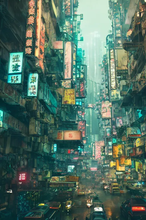 Image similar to cinematic photo of ancient overgrown cyberpunk hong kong with cars and people, flying cars in the sky, holograms, night, rain, flowers, beautifully lit, hyperdetailed, unreal engine, photorealistic, denis villeneuve film look, blade runner set