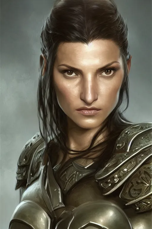 Image similar to a finely detailed portrait of Gina Carano, clothed in battle armor, olive skin, long dark hair, beautiful bone structure, symmetrical facial features, intricate, elegant, digital painting, trending on Artstation, concept art, smooth, sharp focus, illustration, from World of Warcraft, by Ruan Jia and Mandy Jurgens and Artgerm and william-adolphe bouguerea, award winning