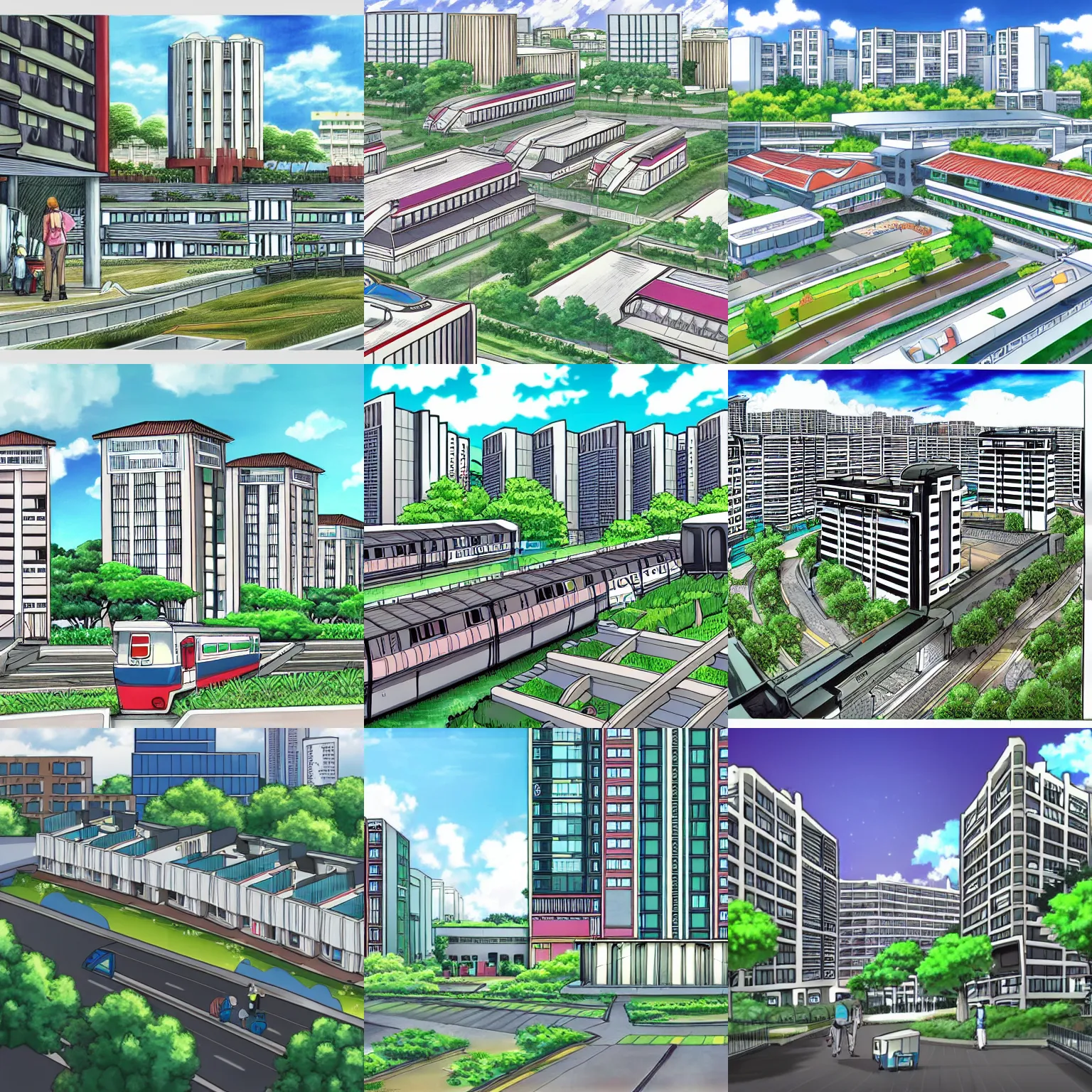 Prompt: an anime - style drawing of public housing in singapore, with an mrt station in the foreground