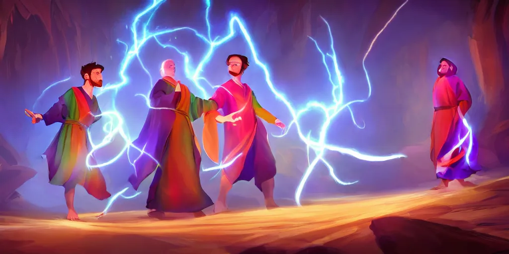 Image similar to two brother mages in robes, they are in a workshop in front of a desk working on a new spell that is casting out flowing energy. colorful, flowing energy, light rays, medium shot, waist up, sharp, concept art, highly detailed, bloom, dramatic lighting, cinematic, by dreamworks