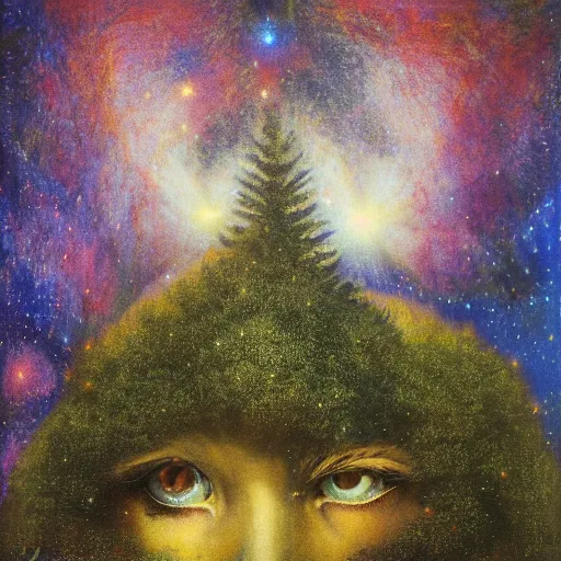 Image similar to psychedelic lush pine forest, outer space, milky way, amber eyes cat eyes designed by arnold bocklin, jules bastien - lepage, tarsila do amaral, wayne barlowe and gustave baumann, cheval michael, trending on artstation, star, sharp focus, colorful refracted sparkles and lines, soft light, 8 k 4 k