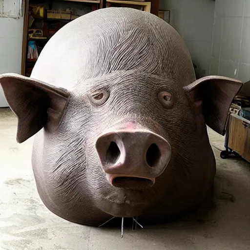 Image similar to “ large pig sculpture in an artist ’ s studio, mixed materials ”