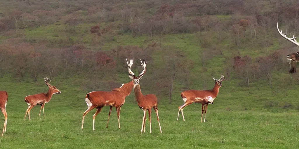 Prompt: two magnificent stags lock horns as a doe looks on in admiration