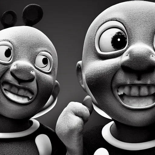 Image similar to black and white creepy Teletubbies with wide open human realistic eyes with red veins, highly detailed, sharp focus, octane render, cosmic horror, surrealistic