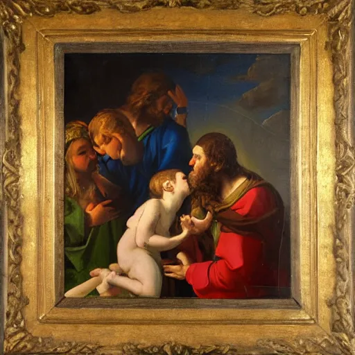 Image similar to 1 8 th oil panting of a jesus kissing with maria maddalena