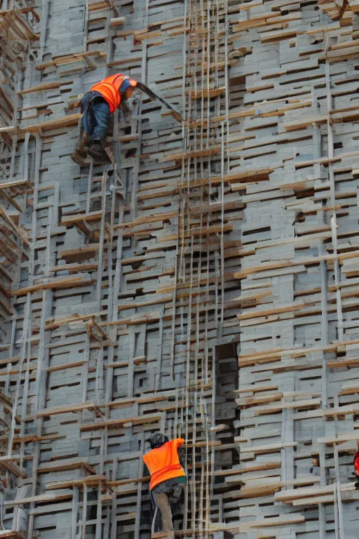 Image similar to towering giant helping tiny construction workers build a building. brick by brick, stone by stone.