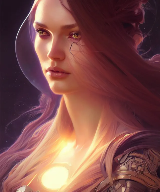 Image similar to futuristic woman portrait, sci-fi, amber eyes, face, long hair, fantasy, intricate, elegant, highly detailed, digital painting, artstation, concept art, smooth, sharp focus, illustration, art by artgerm and greg rutkowski and alphonse mucha