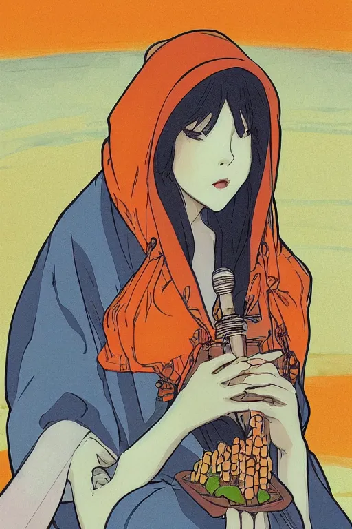 Image similar to a Girl in a large hood crouching on the ground ,orange slices,album,Microphone,Visual Communication Design by studio ghibli and mucha ,Refreshing colour