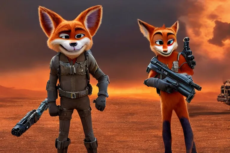 Image similar to nick wilde ( from zootopia ), heavily armed and armored facing down armageddon in a dark and gritty reboot from the makers of mad max : fury road