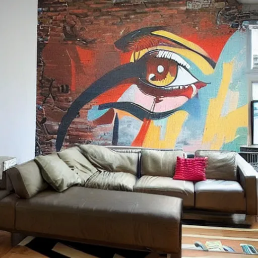 Prompt: trendy loft with modern murals on the wall, contemporary art and patterns, interior design, attractive architecture