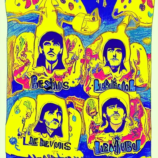 Prompt: we all live in a yellow submarine, drawing style, the beatles, psychedelic yellows