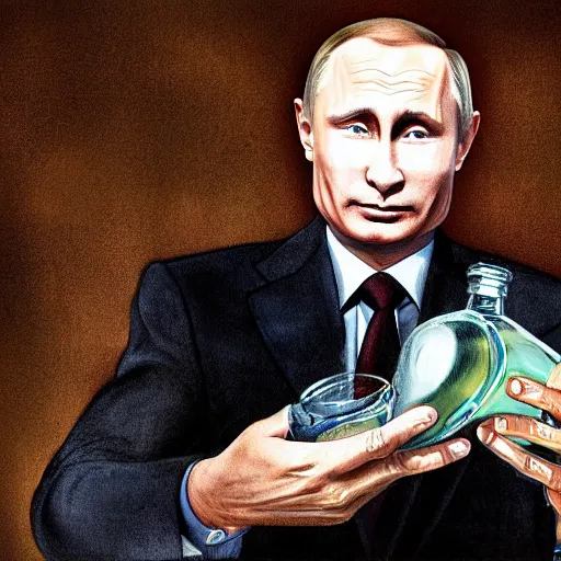 Image similar to putin holding a bottle of israeli arak, cinematic, beautiful digital painting, hyper detailed