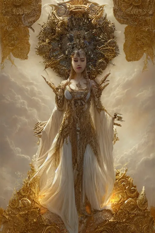 Prompt: a beautiful detailed 3 d matte painting of female empress of the light, by ellen jewett, tomasz alen kopera and justin gerard | symmetrical features, solemn, realism, intricate, ornate, royally decorated, halo, gilding, gilded, whirling smoke, particles, gold adornments, white splendid fabric, radiant colors, fantasy, trending