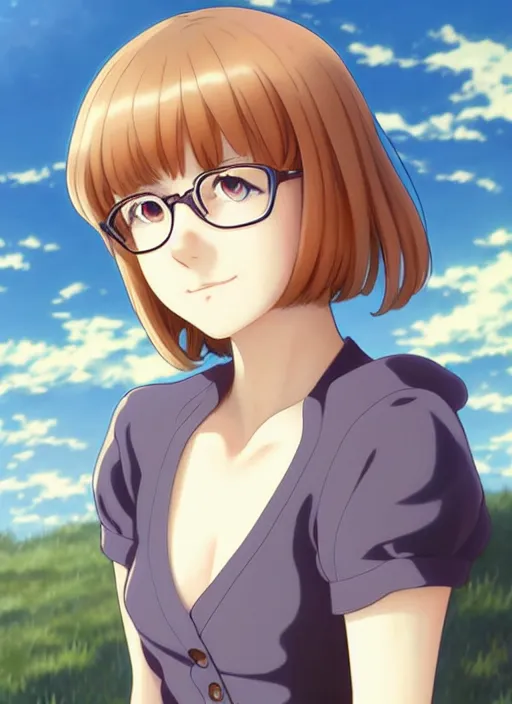 Image similar to Painting of Velma Dinkley in the style of Violet Evergarden, beautiful anime art style, winged eyelashes, countryside, calm, fantasy character portrait, dark outlines, dynamic pose, above view, sunny day, artwork by Makoto Shinkai, very coherent asymmetrical artwork, sharp edges, perfect face, simple form, 100mm