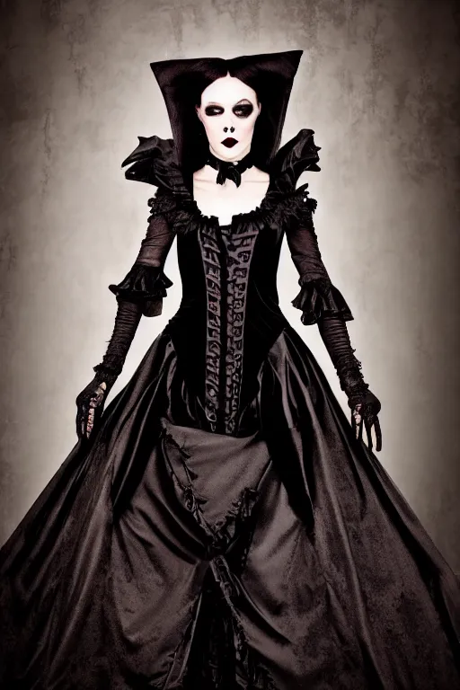 Image similar to vampire goth top model, wearing alexander mcqueen gothic victorian dress, luxury materials, symmetrical, cinematic, elegant, professional studio light, real dlsr photography, sharp focus, 4 k, ultra hd, sense of awe, medieval high fashion