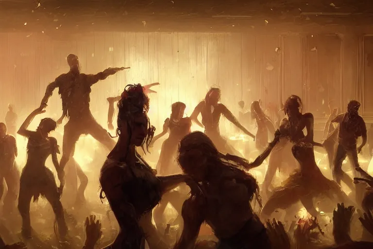 Image similar to Well-groomed zombies dancing in a banquet hall on the dance floor, feeling good as loud music plays, trending on artstation, 4k, 8k, illustrated by Greg Rutkowski and Gaston Bussiere, artstation digital, artstation serene