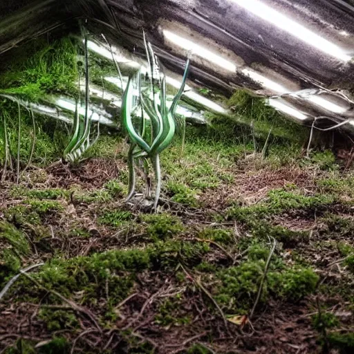 Image similar to abandoned, overgrown, underground bunker. mutated carnivorous plants