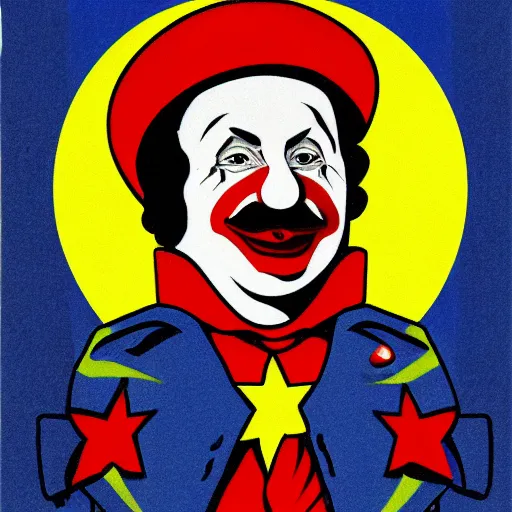 Image similar to communist clown portrait, propaganda art style, vivid colors