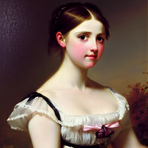 Prompt: portrait of a german teenage princess, circa 1 8 5 0 by franz xaver winterhalter, highly detailed, beautiful, oil on canvas, 1 8 5 0 s, romanticism