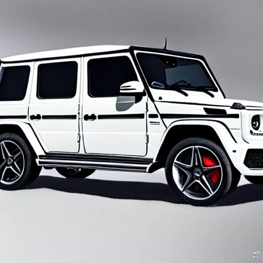 Image similar to White 2019 Mercedes G63, photorealistic, highly detailed, digital painting, artstation, concept art, smooth, sharp focus, illustration, art by John Baeder