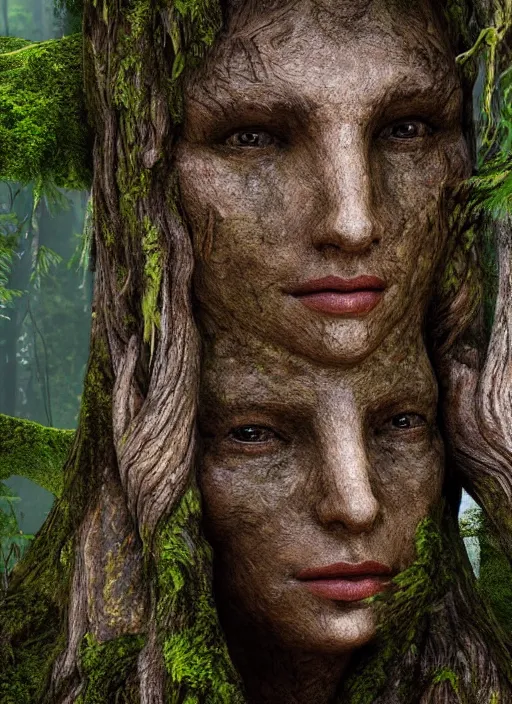 Prompt: photograph of hyperrealistic hyperdetailed ancient woman face in the shape of a tree covered with bark and moss, in a dark mysterious forest, unreal engine, octane,