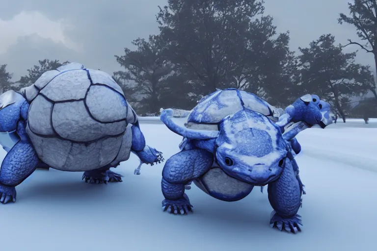 Image similar to highly realistic 3 d rendering of blastoise covered in snow and ice, unreal engine 5, volumetric lighting