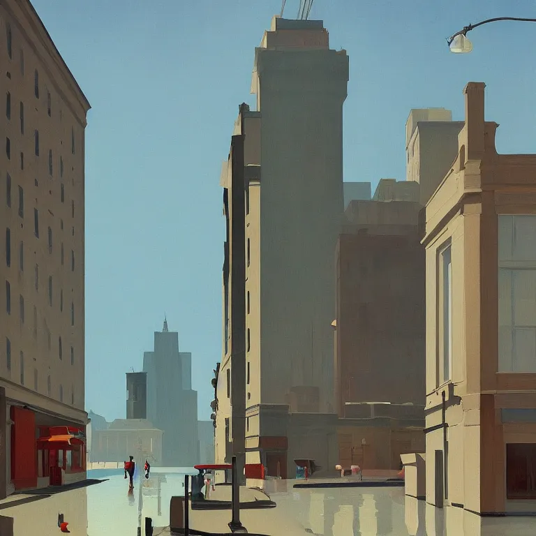 Prompt: morning flood in an empty city, , painted by Edward Hopper, painted by James Gilleard, airbrush