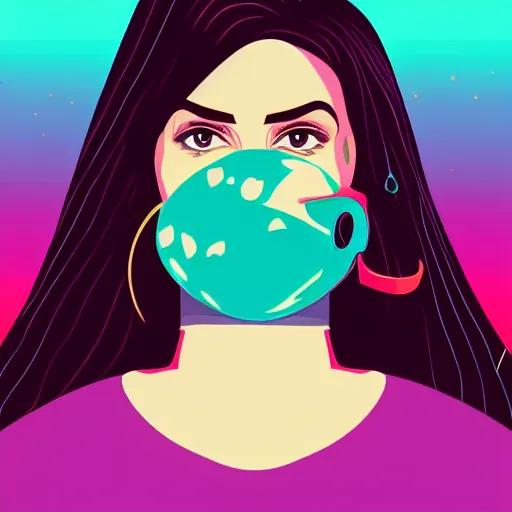 Prompt: a portrait of girl with a nose ring, head covered, in retro colors, synthwave style, 2 d digital vector art