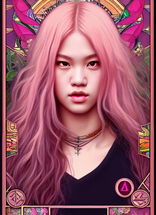 Image similar to jossi of blackpink, king, tarot card, highly detailed, digital painting, smooth, sharp focus, illustration, ultra realistic, unreal engine, 8 k, art by artgerm and alphonse mucha