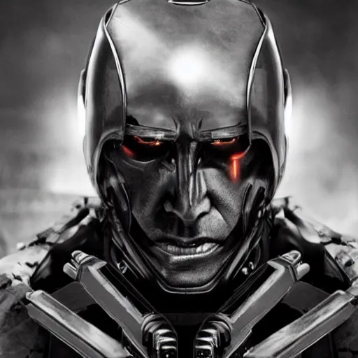 Prompt: movie still of a villain cyborg, facial expression, cinematic composition, cinematic light, by edgar allan poe