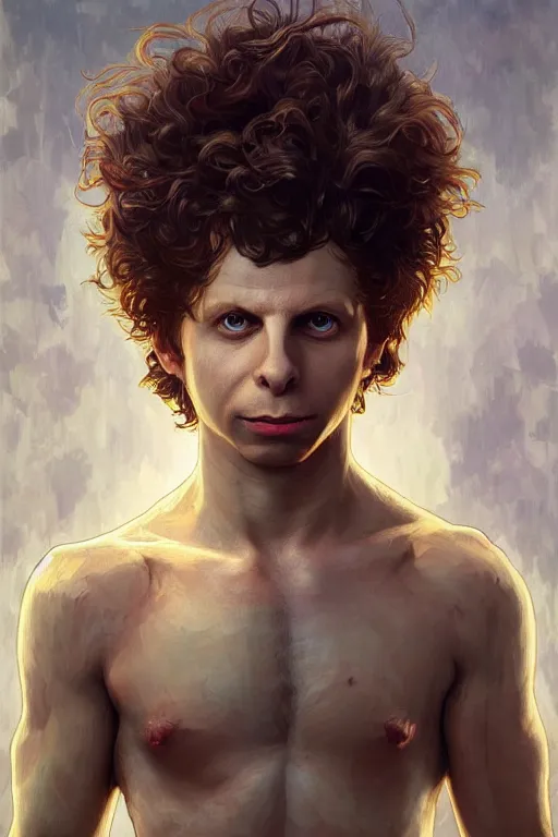 Image similar to portrait of michael cera as a hulking herculean demon, forest, godlike, full body, fantasy, intricate, elegant, highly detailed, digital painting, artstation, concept art, sharp focus, illustration, art by artgerm and greg rutkowski and alphonse mucha