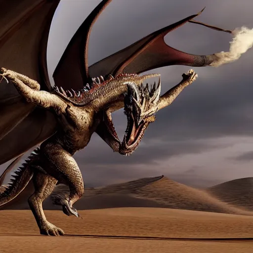 Prompt: daenerys from game of thrones flies on a dragon over snow desert