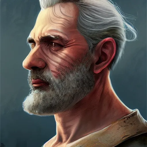 Prompt: epic portrait a beautiful man wearing a white blouse with short sleeves, Long gray hair, scars, beard, cool, digital painting, artstation, concept art, soft light, hdri, smooth, sharp focus, illustration, fantasy, intricate, elegant, highly detailed, D&D, matte painting, in the style of Greg Rutkowski and Alphonse Mucha and artemisia, 8k, highly detailed, jurgens, rutkowski, bouguereau, pastoral, rustic, georgic, detailed concept art, illustration, colorful pastel, painting, detail, ultra detailed, digital art, 4K,