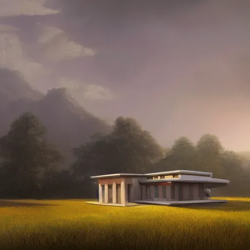 Image similar to rectangular house inspired by a tibetan palace, open field, big trees, yellow clouds, dramatic lighting, artstation, matte painting, raphael lacoste, simon stalenhag, frank lloyd wright