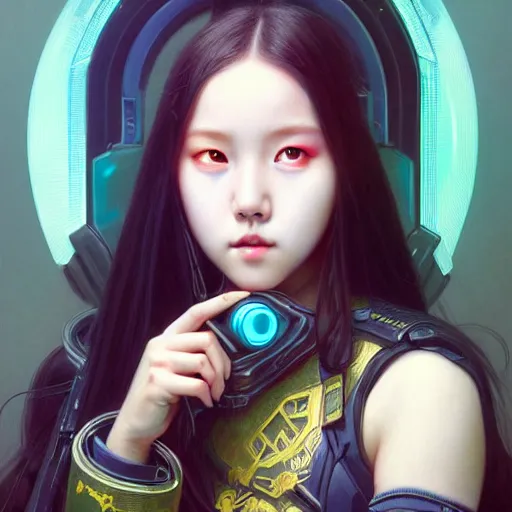 Image similar to portrait painting of olivia hye kpop as a cheerful smiling cyberpunk mercenary, ultra realistic, concept art, intricate details, eerie, highly detailed, photorealistic, octane render, 8 k, unreal engine. art by artgerm and greg rutkowski and magali villeneuve and alphonse mucha