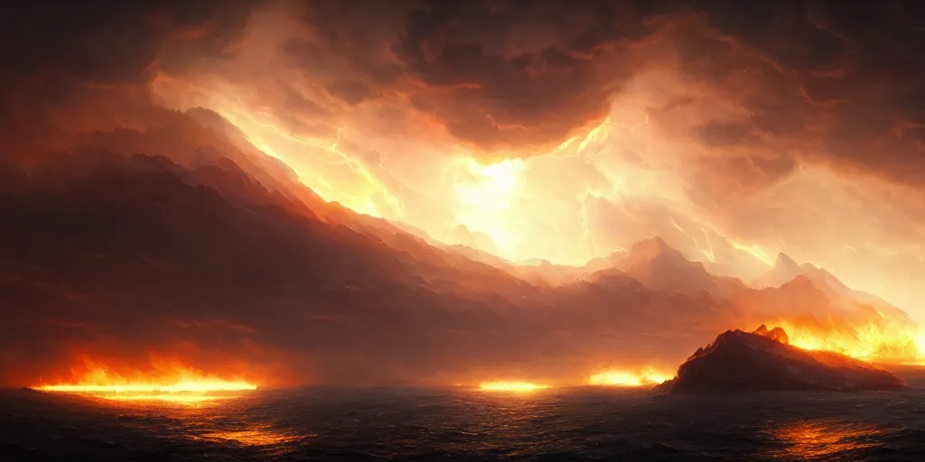 Image similar to matte painting,Epic scene, Fire Phoenix,sea,cloud,by greg rutkowski and Richard Lay,in volumetric lighting, Trending on artstation,HD