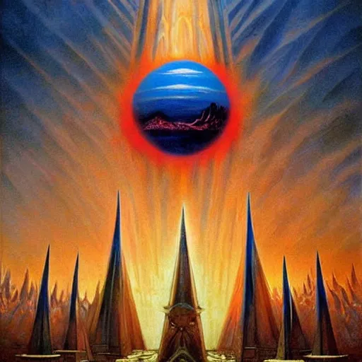 Image similar to barad - dur ( dark fortress ) and the eye of sauron, large scale painting by robert mccall and vladimir kush