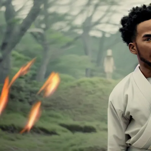 Image similar to cinematic film still of Chance The Rapper starring as a Samurai holding fire, Japanese CGI, VFX, 2022, 40mm lens, shallow depth of field, film photography