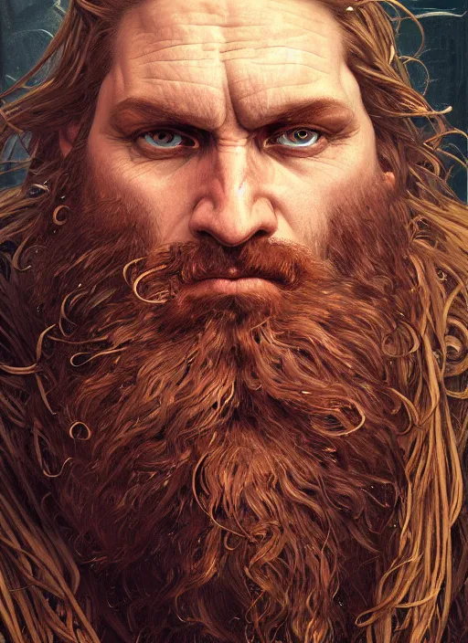 Image similar to portrait of a 4 0 year old giant strong man with long tangles of bushy ginger hair and beard, piercing eyes, wearing leather armor, hyper realistic face, epic, very low angle, fantasy art, in the style of greg rutkowski, intricate, alphonse mucha, hyper detailed, smooth