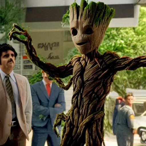 Prompt: Groot replaces Al Pachino in the film Dog Day Afternoon, still image