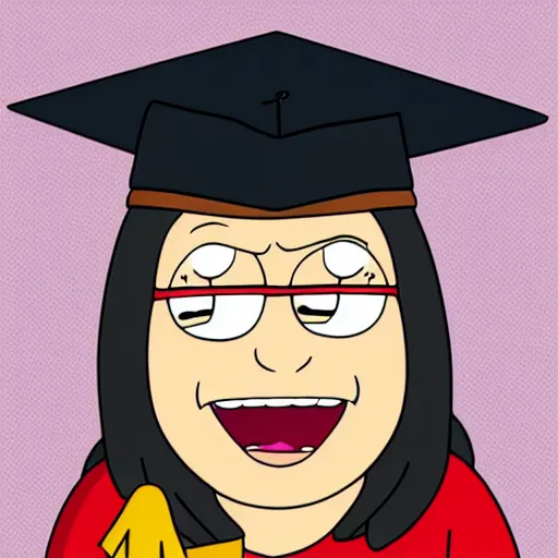 Image similar to Meg Griffin from Family Guy graduating college, animated in the style of Family Guy (1999)