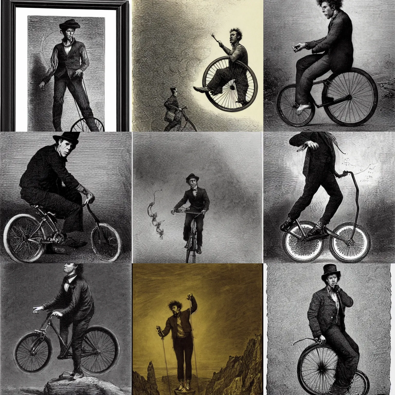 Prompt: tom waits on a unicycle by gustave dore