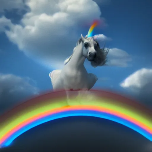 Prompt: a drop of rainbow riding a unicorn on a sunset full of clouds, octane render, unreal engine 4, hyperrealistic