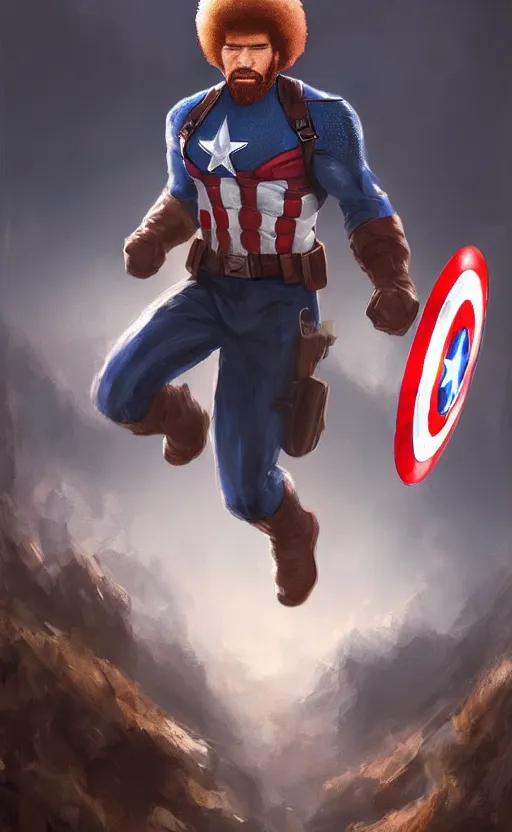 Image similar to bob ross as captain america, dynamic lighting, cinematic, ultra detailed, trending on art station, stunning visuals, creative, fantasy concept art