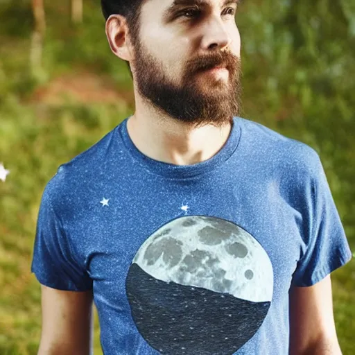 Prompt: t-shirt with glowing stars on the background of the moon