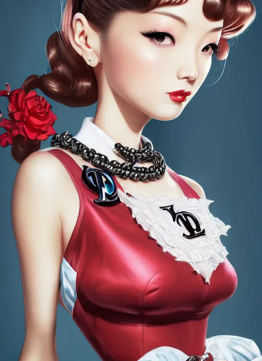 Image similar to a pin up and beautiful fashion dreamlke japan girl with lv jewelry, character art, art by artgerm, wlop, loish, hyperdetailed, 8 k realistic, symmetrical, global illumination, radiant light, frostbite 3 engine, cryengine, dof, trending on artstation, digital art, chanel, dior, detailed background